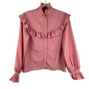 Vintage 70s 80s Ruffle Blouse Women Medium Pink Cottagecore Victorian Retro